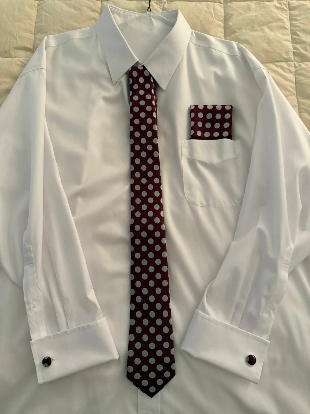Customer photo review of Ties2you Burgundy Tie Silver Dots Mens Tie Pocket Square Cufflinks Set