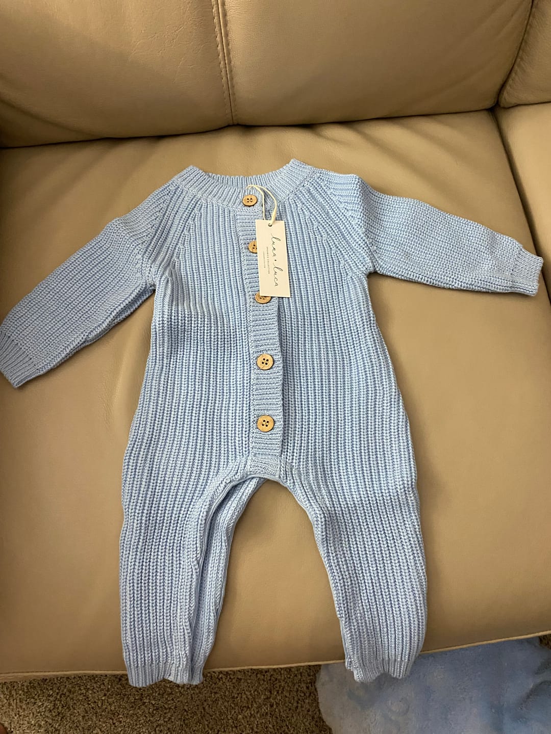 Customer photo review of Classic Chunky Knit Jumpsuit - Powder Blue