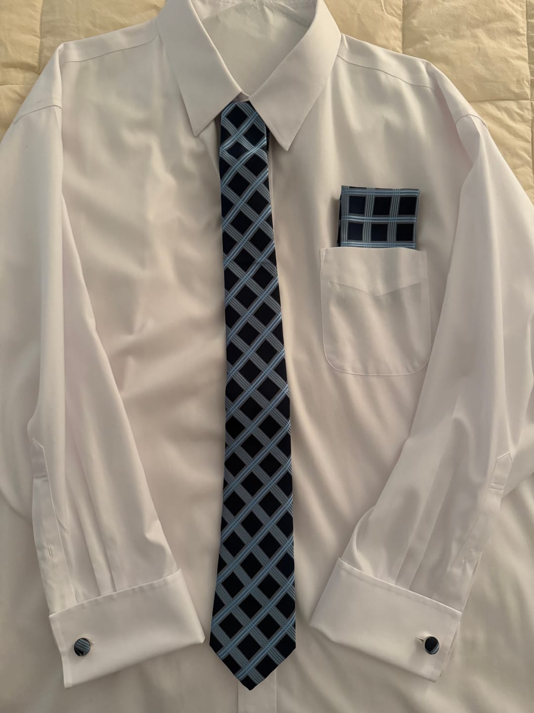 Customer photo review of Barry. Wang Dark Blue Tie Sky Blue Checkered Tie Hanky Cufflinks Set