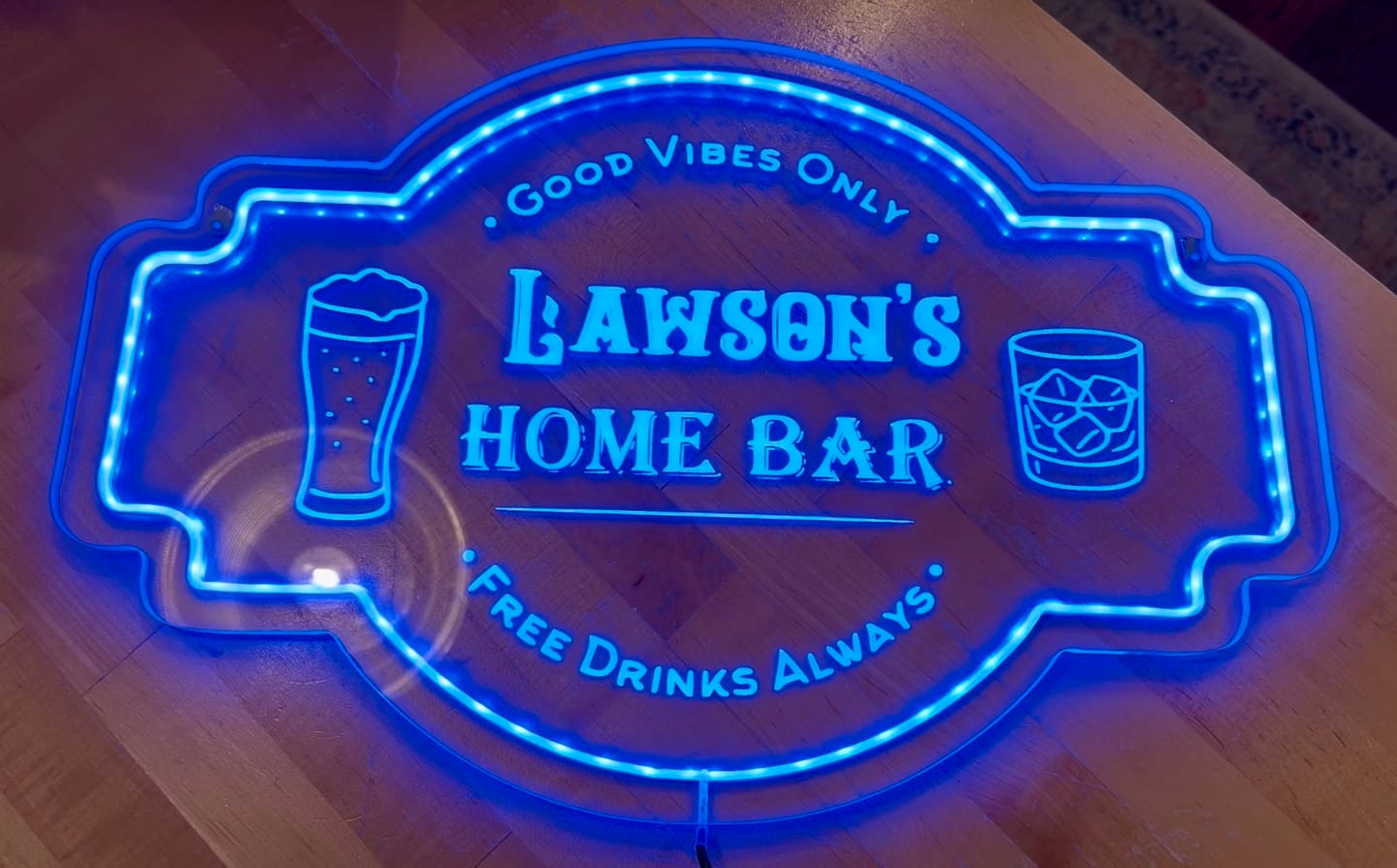 Customer photo review of Personalized LED Color Changing Acrylic Home Bar w/Glasses Sign