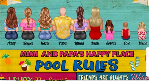 Customer's personalized Grandparents Pool Rules metal sign featuring cartoon family members with names below figures.