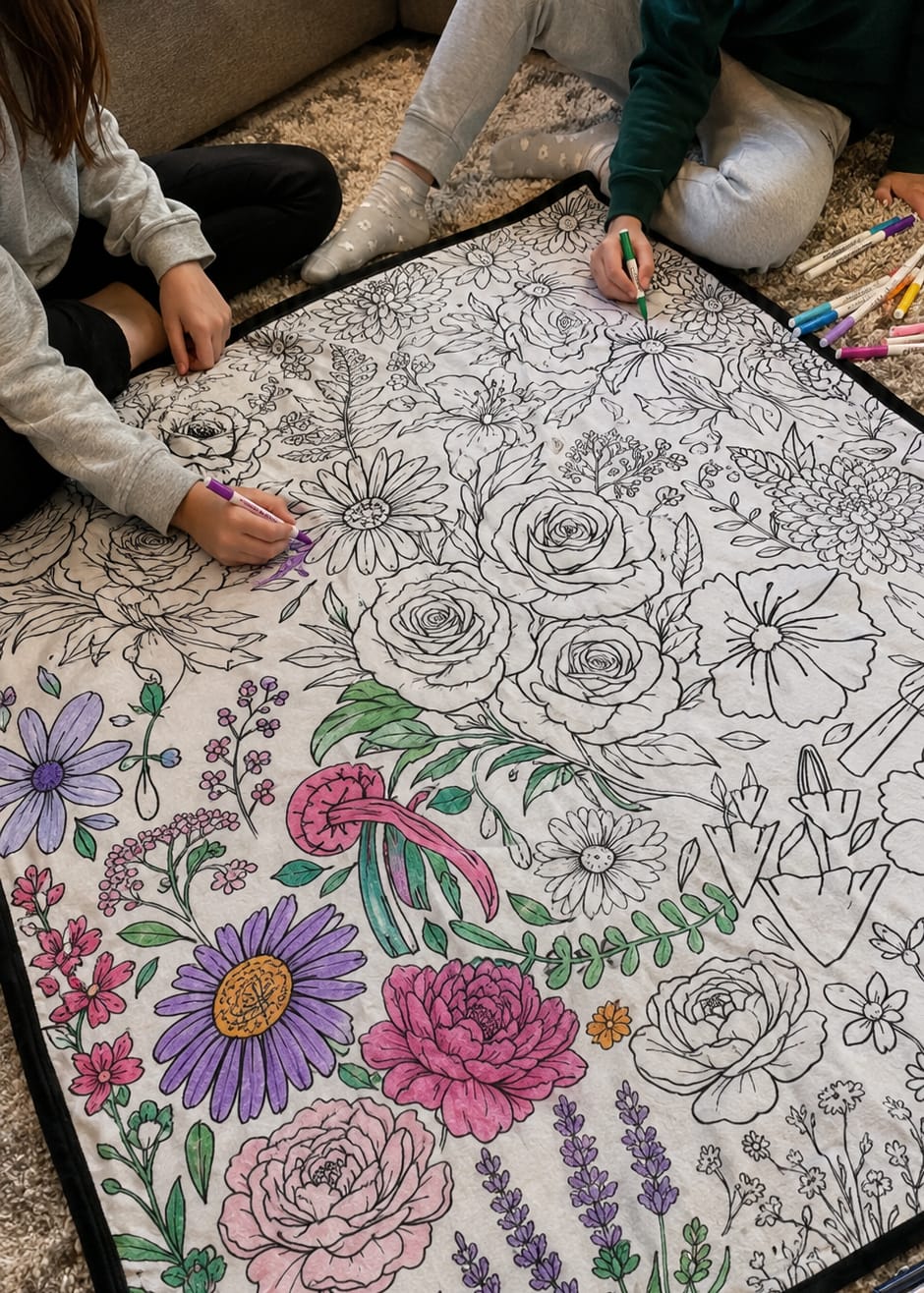 Customer photo review of DIY Drawing Blanket with 24 Colors Markers, Doodle Your Own Blankets, Customizable Washable Paint & Play Blankets for Adults