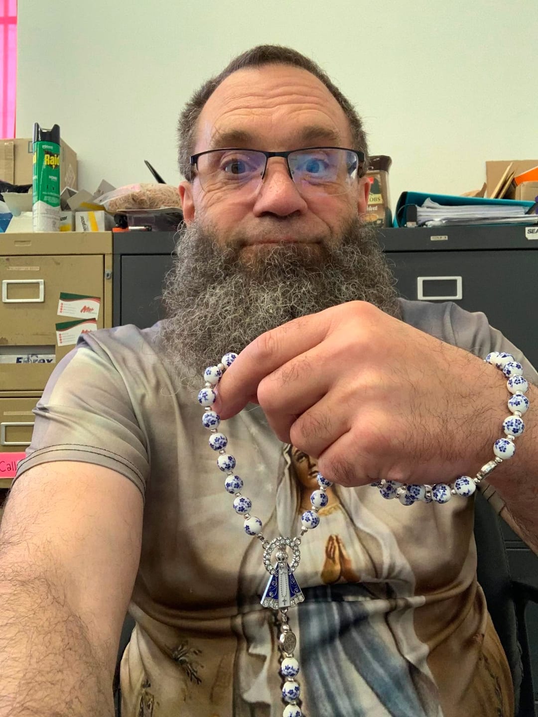 Customer photo review of Christianartworkshop Blue & White Floral Ceramic Rosary with St. Benedict Medals & Our Lady