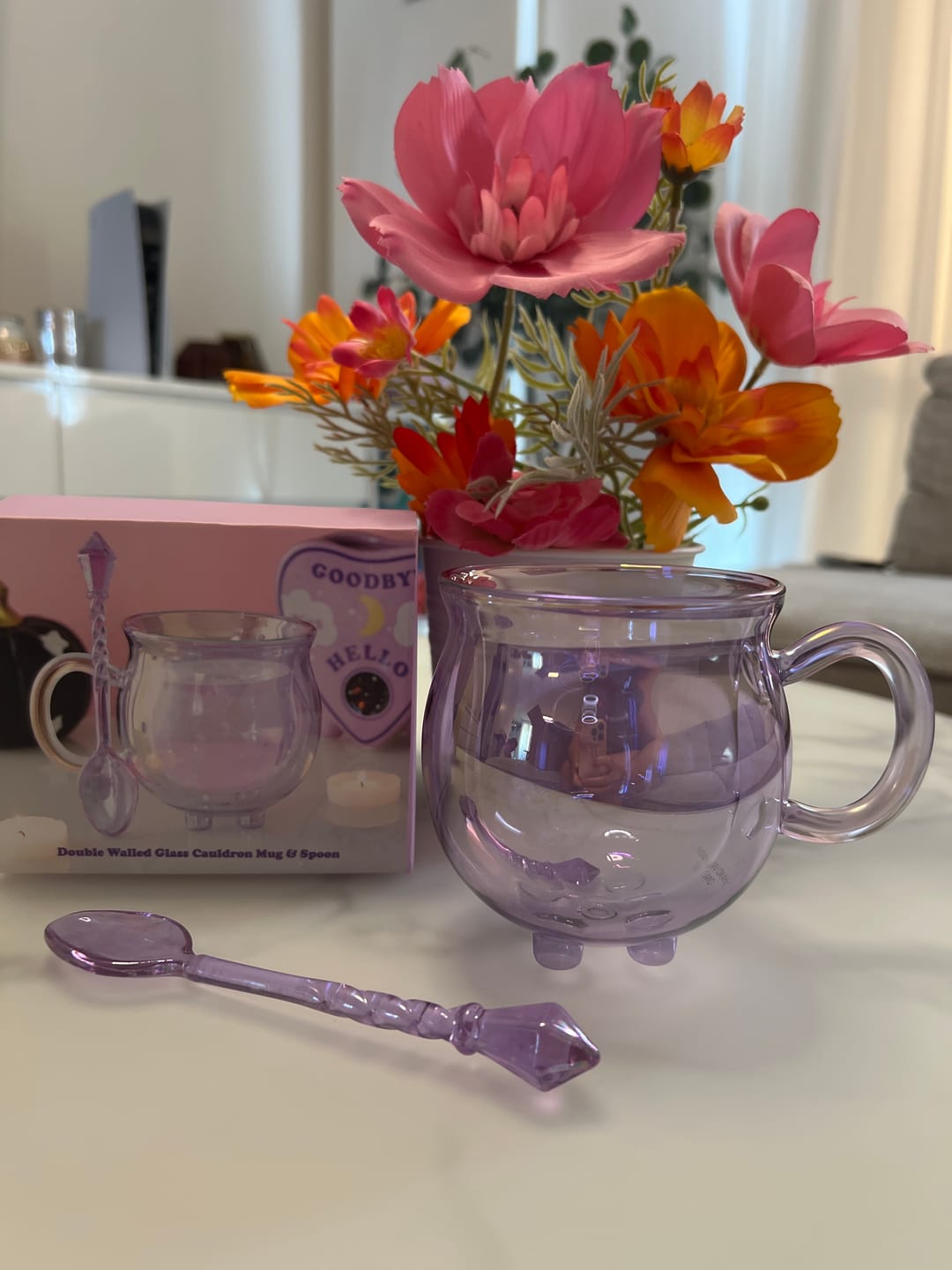 Customer photo review of Doppelwandige Hexenkessel-Tasse aus lila Glas mit Löffel