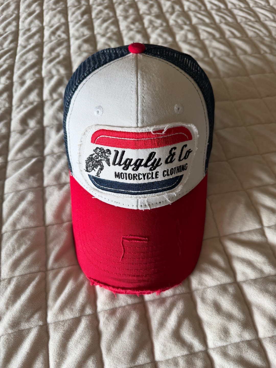 Customer photo review of White & Red Flat Track Trucker Hat
