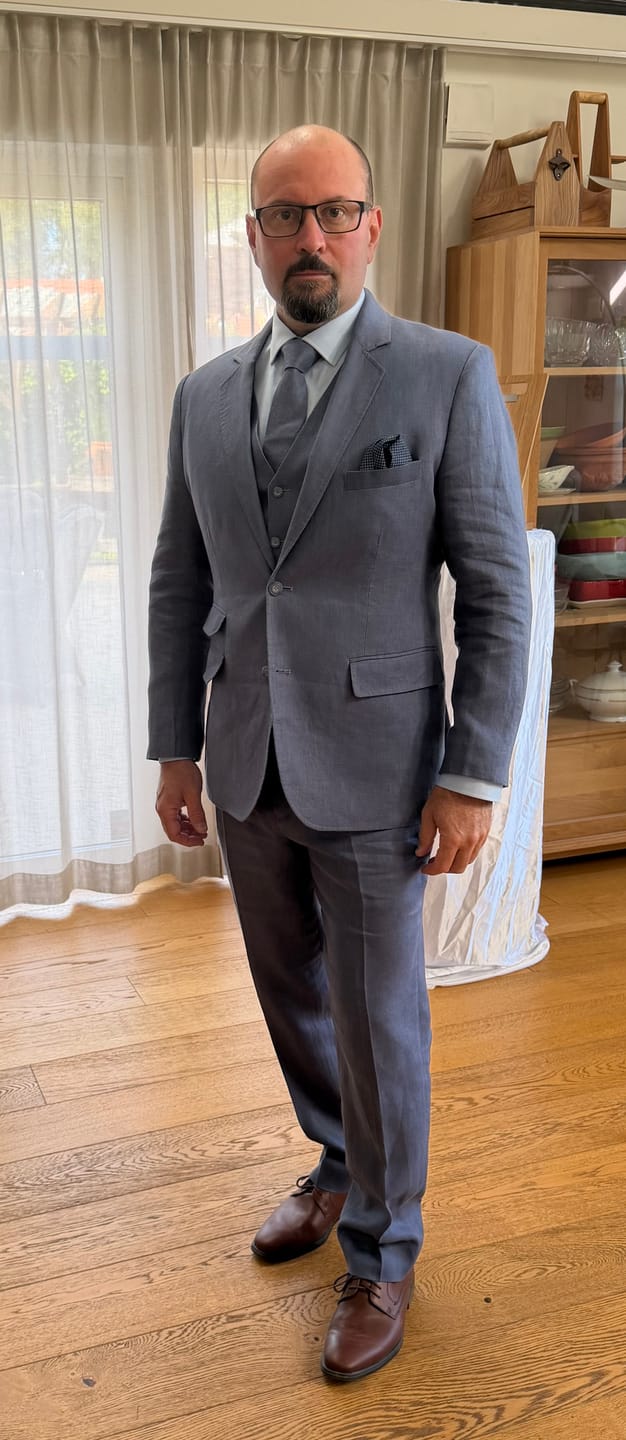 Customer photo review of Pale Indigo Linen 3 Piece Suit - Limited