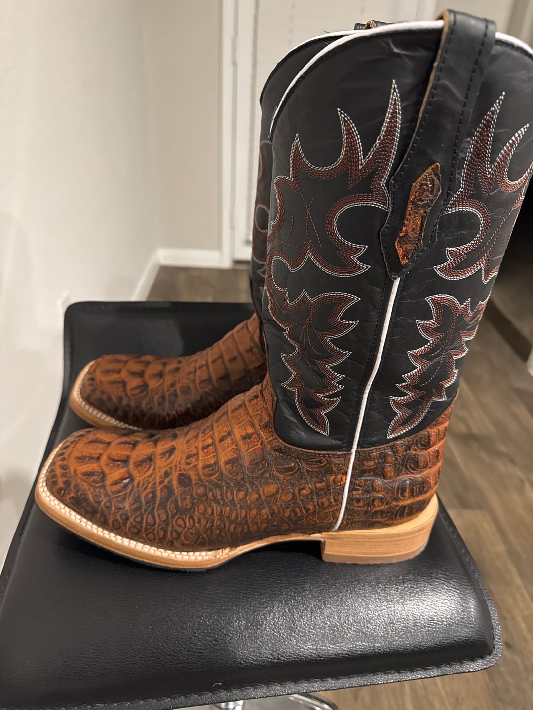 Customer photo review of Two-Tone Cognac Caiman Neck Leather Boots - Square Toe