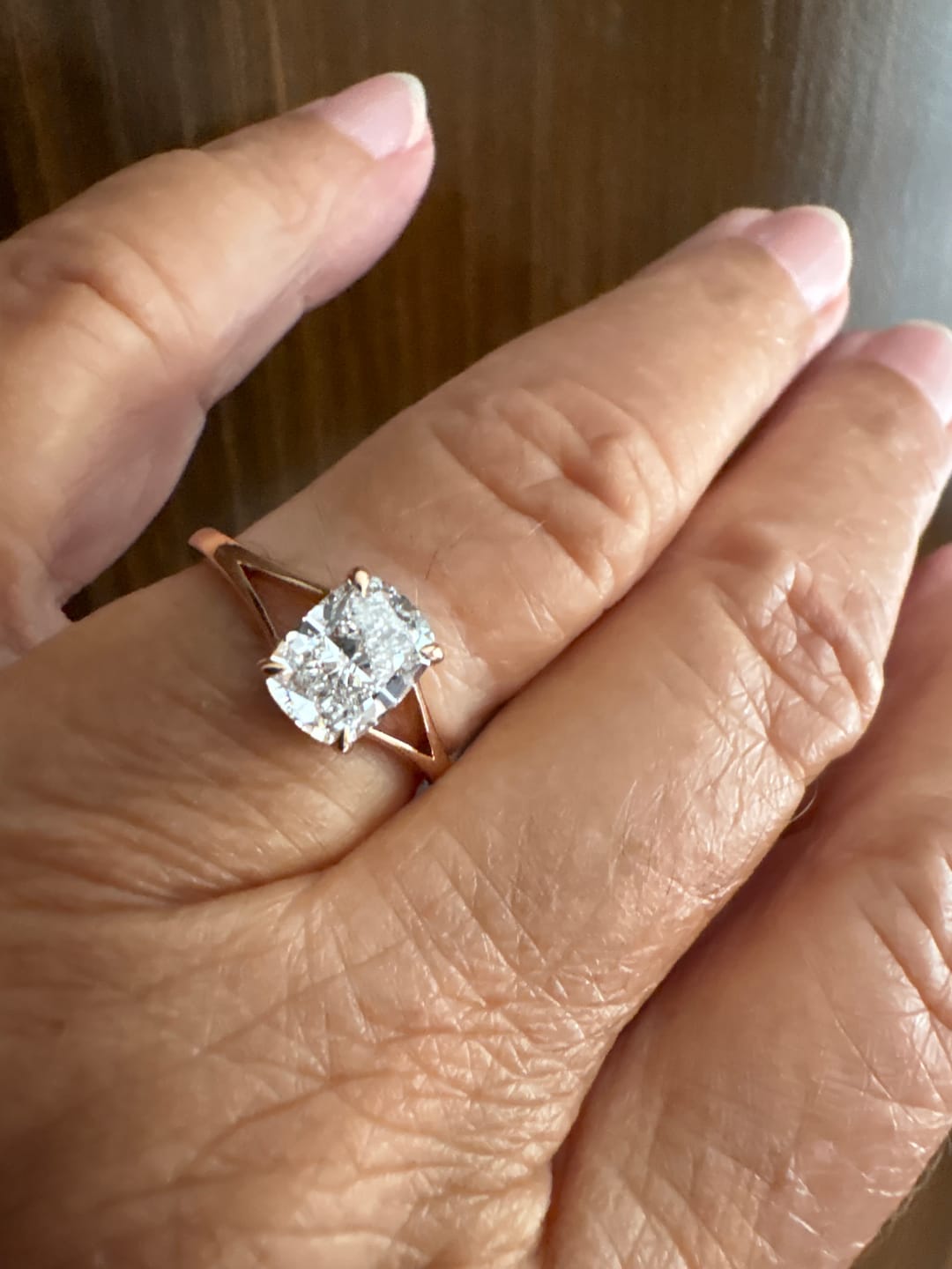 Customer photo review of Maren 1.5 Carat Elongated Cushion Cut Split Shank Lab Grown Diamond Ring in 14k Rose Gold