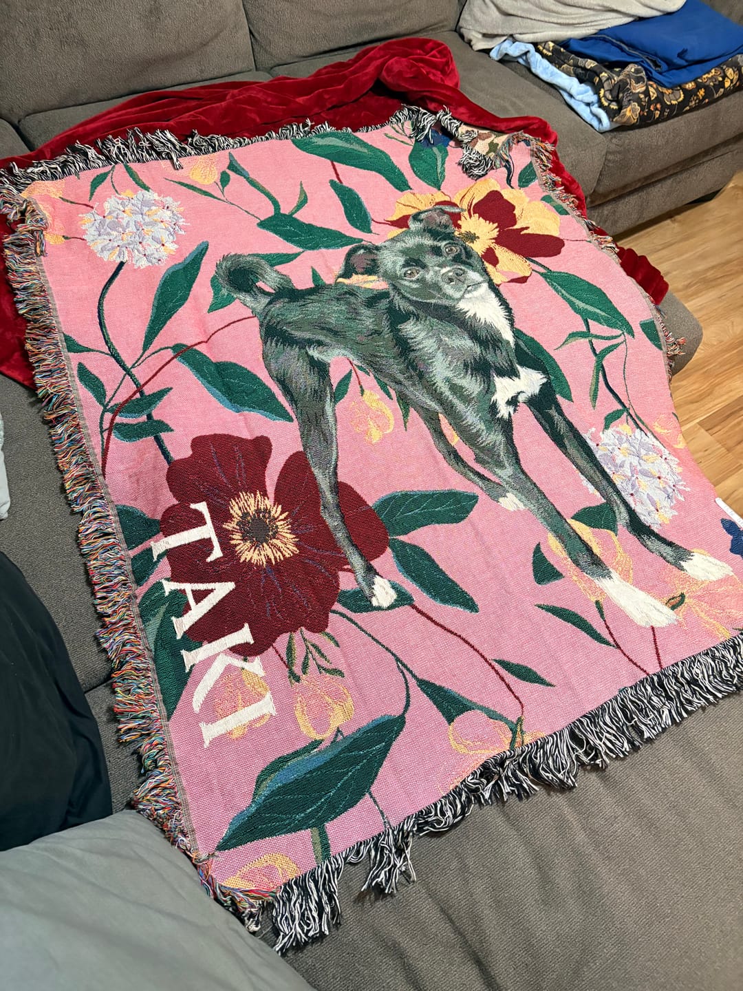 Customer photo review of Heirloom Pet Throw Blanket - Mauve Floral