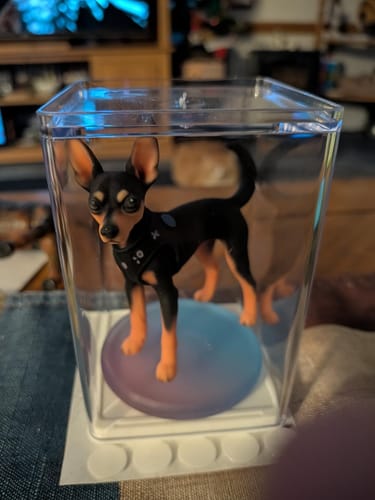Customer's Personalized Pet 3D Figurine of a small black and tan dog inside a clear display case.