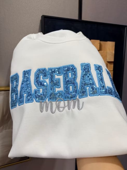 Customer photo review of Custom Sequin Baseball MAMA Sweatshirt Sports MAMA Sweatshirt – Personalized Glitter Letters Sweatshirt Vintage Style | Gifts for Sports Mom