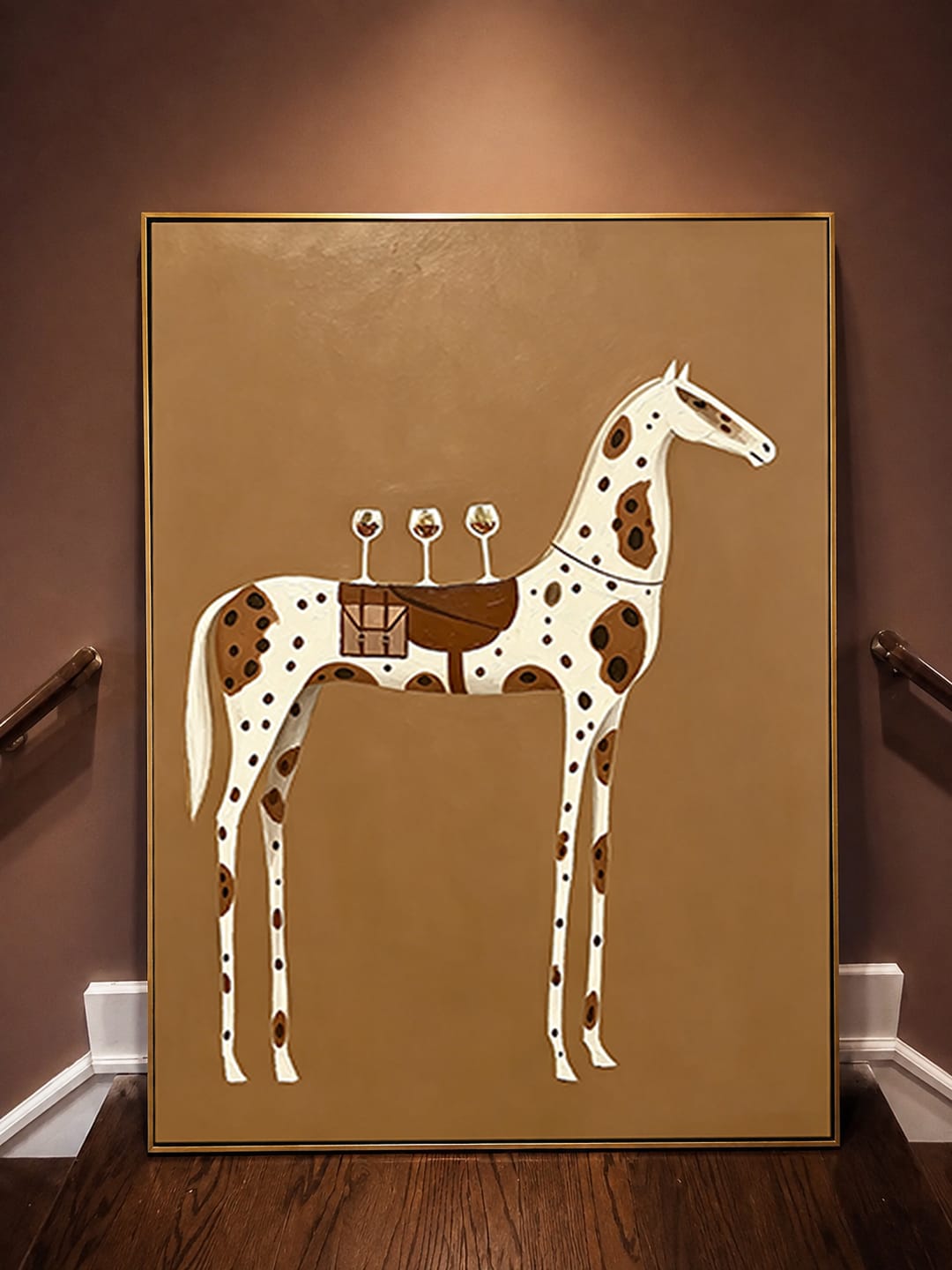 Customer photo review of “Toast on the Saddle” – Minimalist Western Spotted Horse Oil Painting