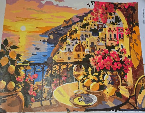 Customer's Custom Paint By Numbers canvas showing a vibrant, sunlit Mediterranean coastal village scene.