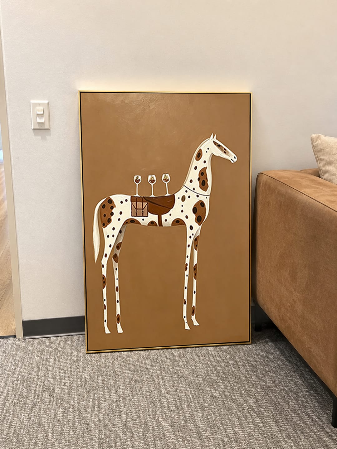 Customer photo review of “Toast on the Saddle” – Minimalist Western Spotted Horse Oil Painting