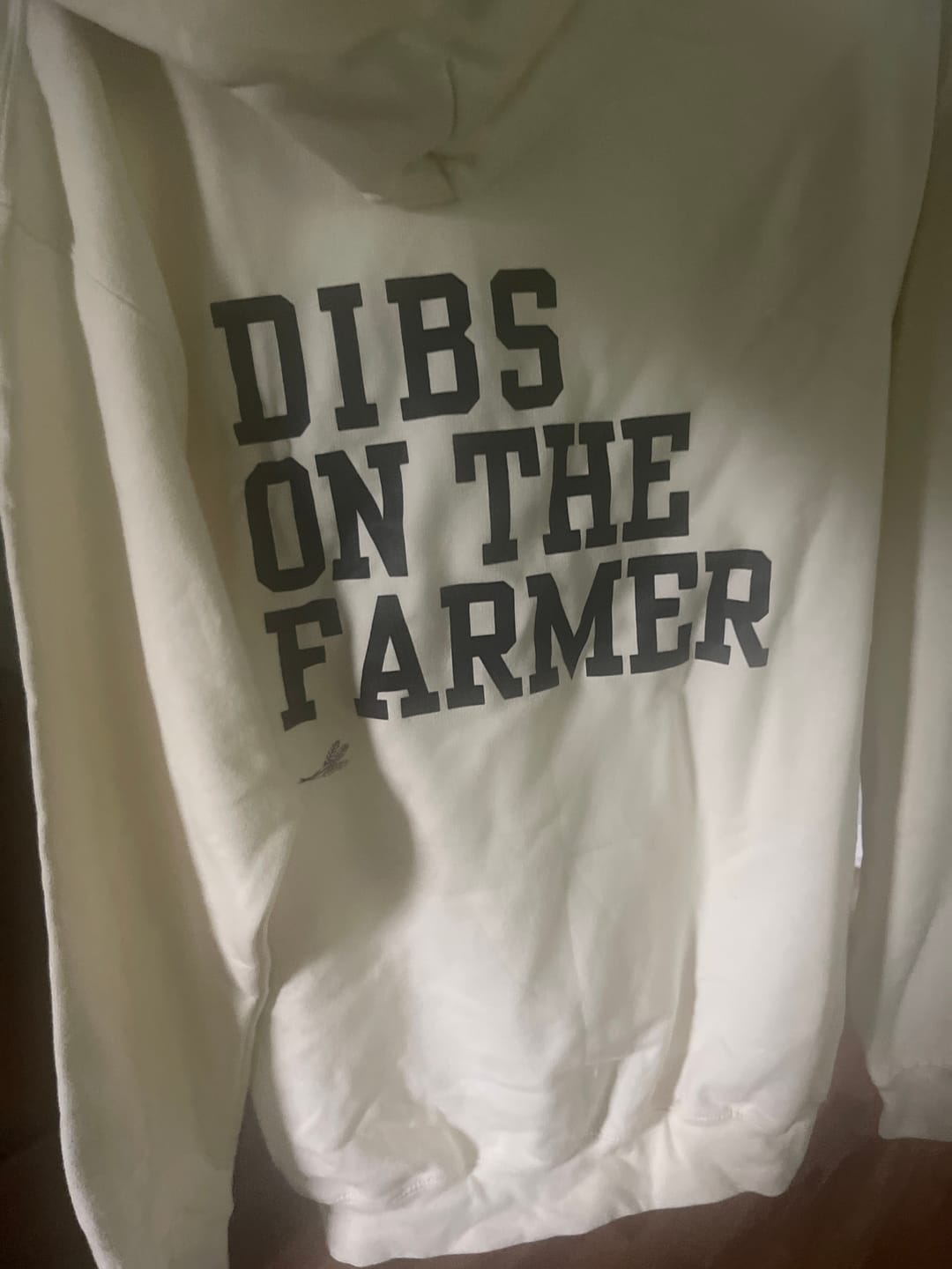 Customer photo review of Dibs on the Farmer' Cream Hoodie