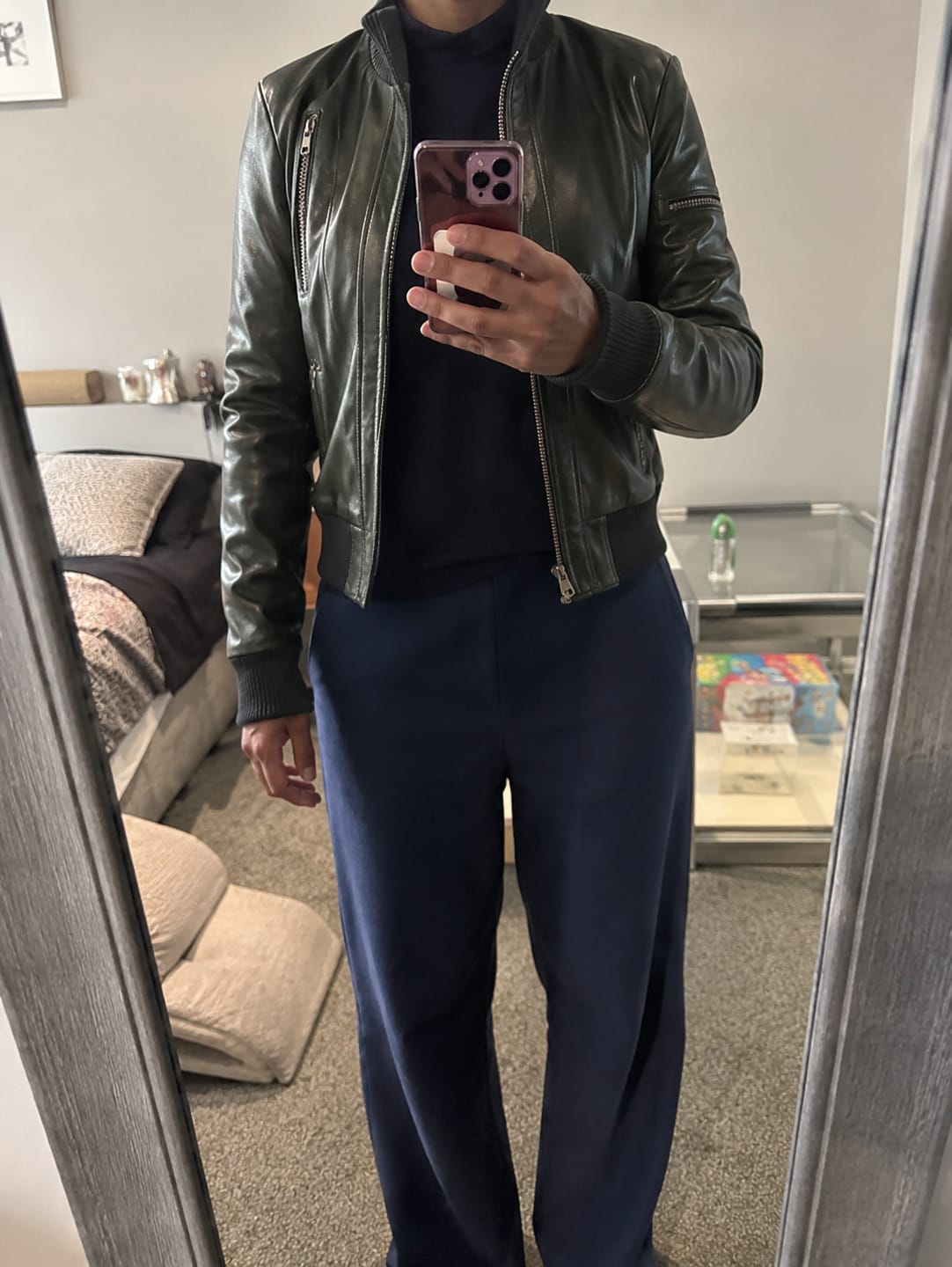 Customer photo review of Foresto Dark Green Leather Bomber Jacket For Women