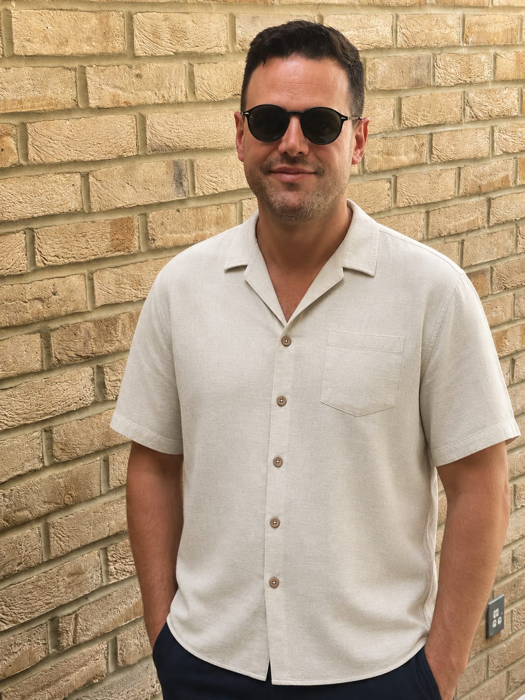 Customer photo review of Men's Comfort Solid Sport Beige Short Sleeve Shirt