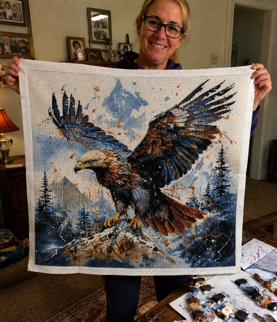 Customer photo review of Cross Stitch Kit - Majestic Golden Eagle over Snowy Peaks