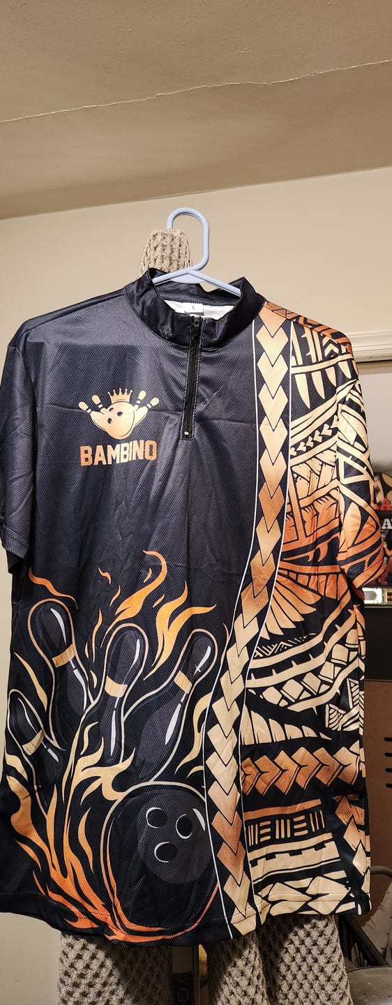 Customer photo review of Custom Black And Gold Flame tribal pattern Bowling Team Polo, 1/4 Zip Shirts For Men, Bowling Jerseys NQS10093