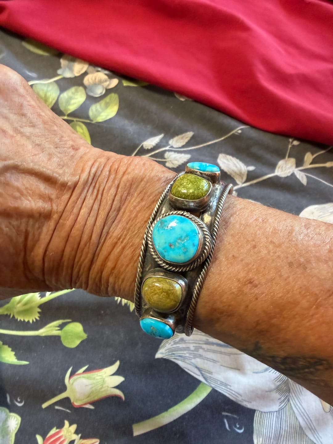 Customer photo review of Navajo Golden Hill & Sonoran Gold Turquoise Sterling Silver Cuff Bracelet