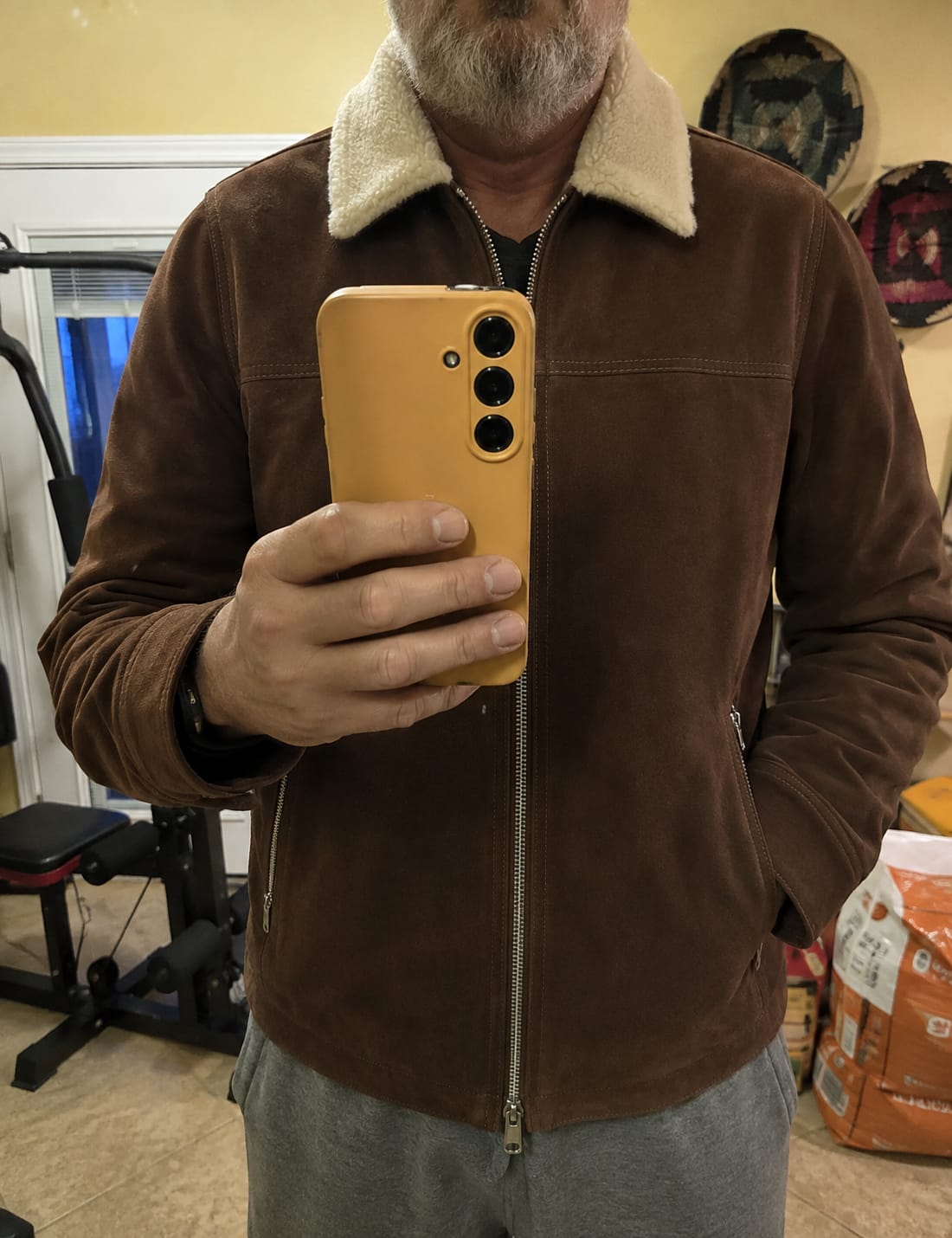 Customer photo review of Nightingale Dark Brown Shearling Suede Leather Biker Jacket For Men