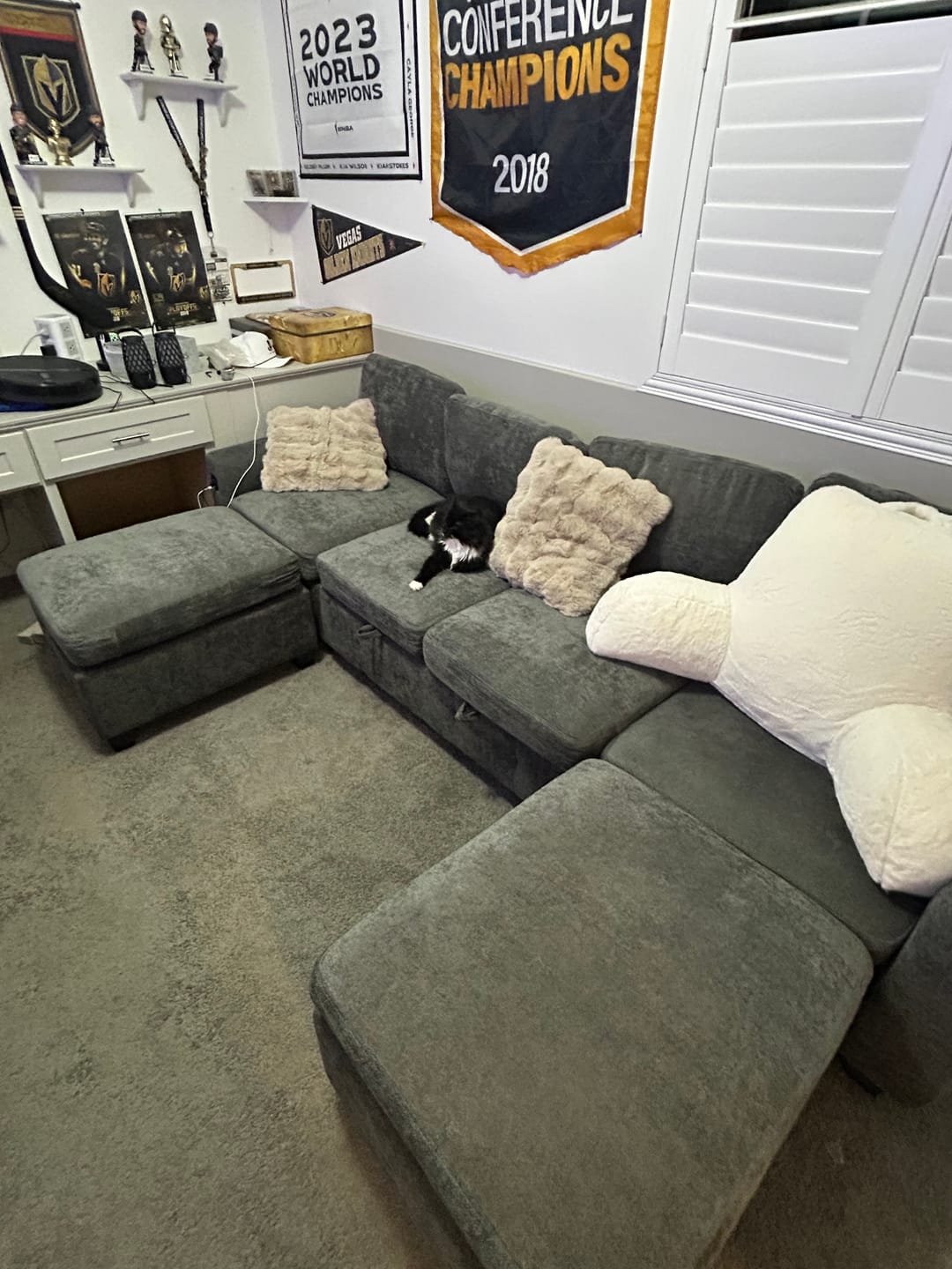 Customer photo review of Chenille Pull Out Sleeper Sofa with Storage Ottoman