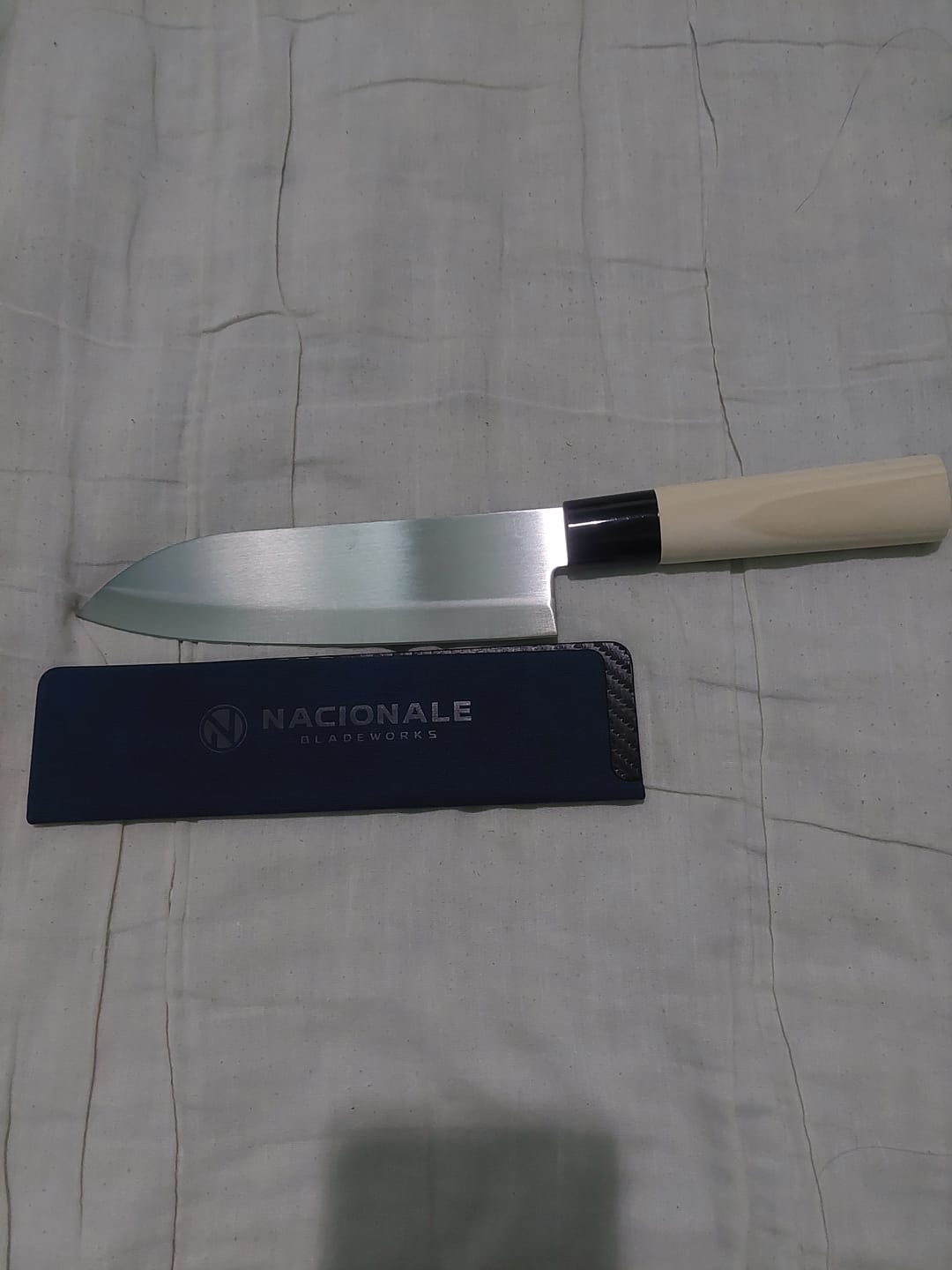 Customer photo review of 190mm Magnetic Knife Guard. Denim Blue