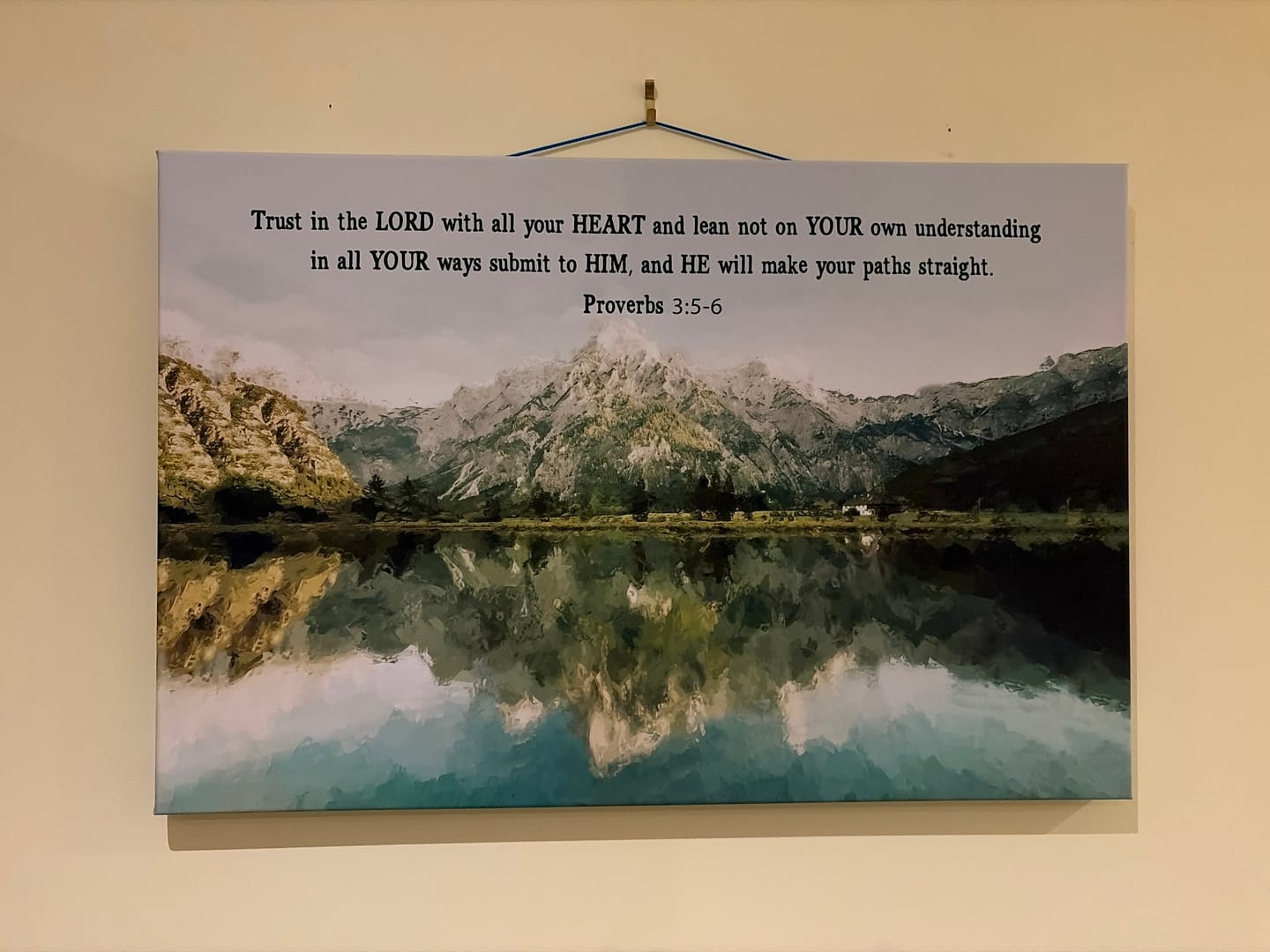 Customer photo review of Proverbs 3:5-6 Trust In The Lord With All Your Heart, Mountain Lake, Christian Wall Art Canvas