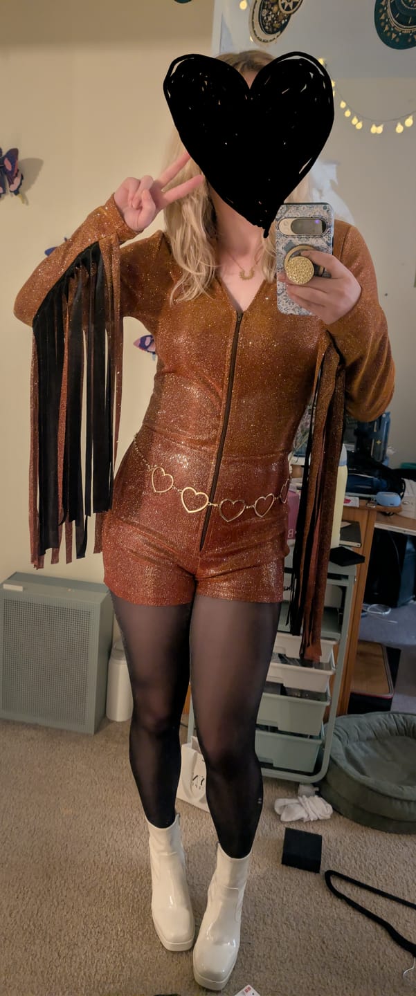 Customer photo review of Glitter Fringe Romper in Orange