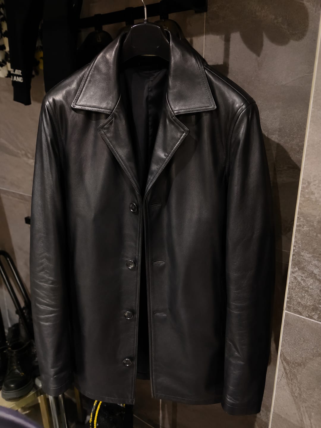Customer photo review of Grandeur Black Leather Pea Coat For Men
