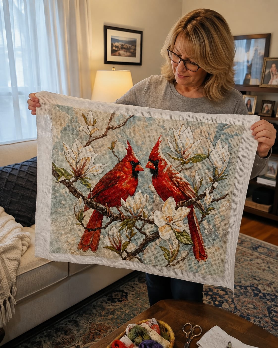 Customer photo review of Cross Stitch Kit - Red Cardinals on Magnolia Branches