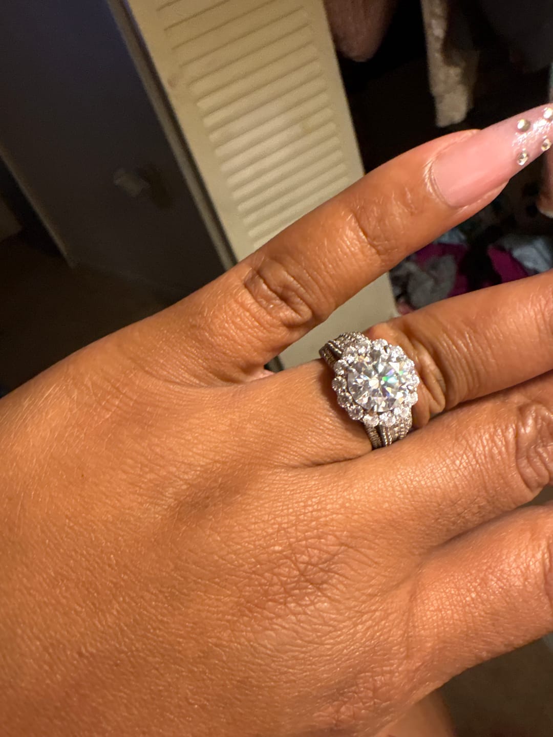 Customer photo review of S925 Moissanite Halo Split Shank 4.0Ct Round Cut Engagement Ring