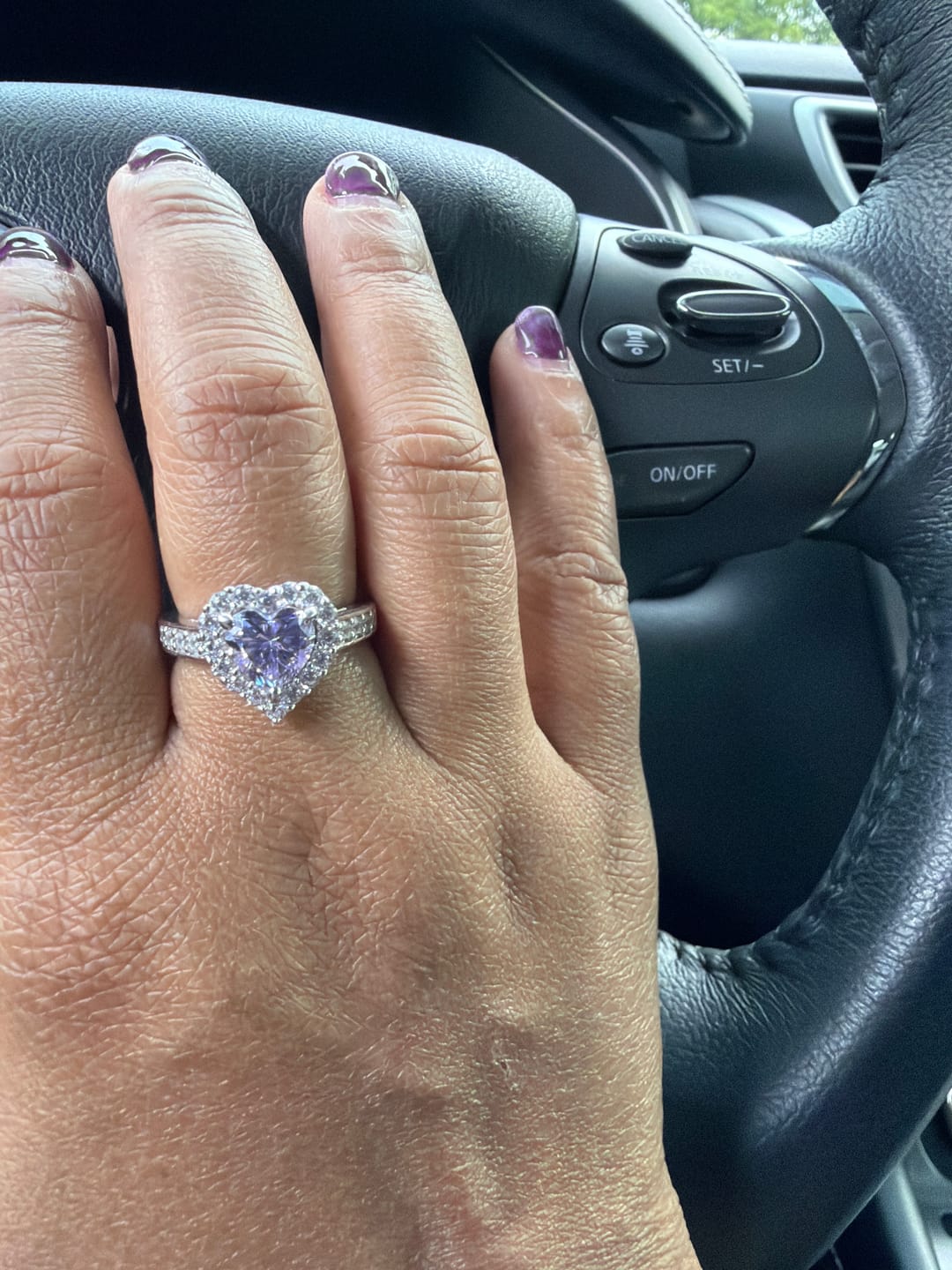 Customer photo review of Halo Heart Purple Heart CZ Ring in Sterling Silver