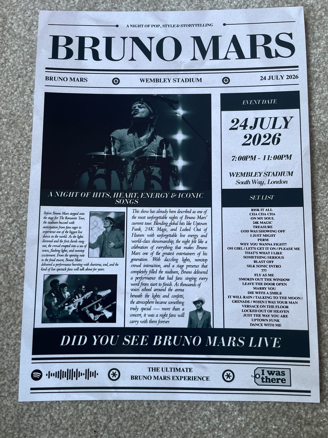 Customer photo review of Bruno Mars - Personalised Newspaper Style Concert Poster