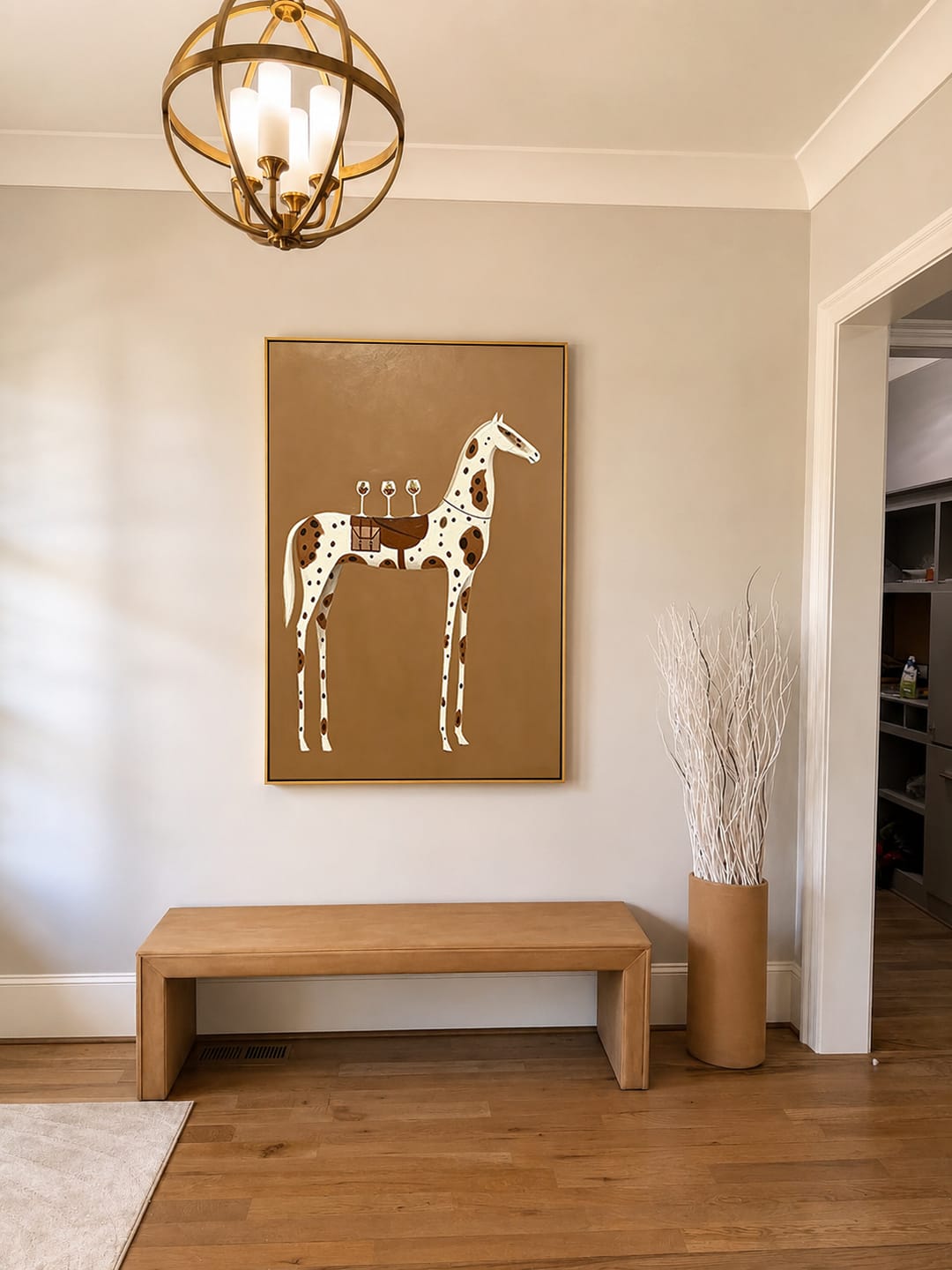 Customer photo review of “Toast on the Saddle” – Minimalist Western Spotted Horse Oil Painting