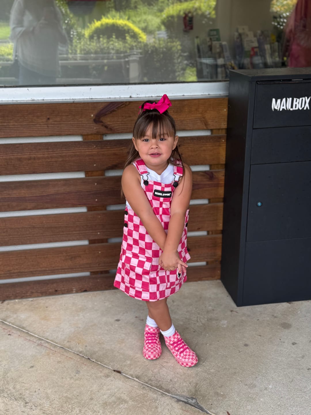 Customer photo review of Overall Dress in Bubble Gum Checkered