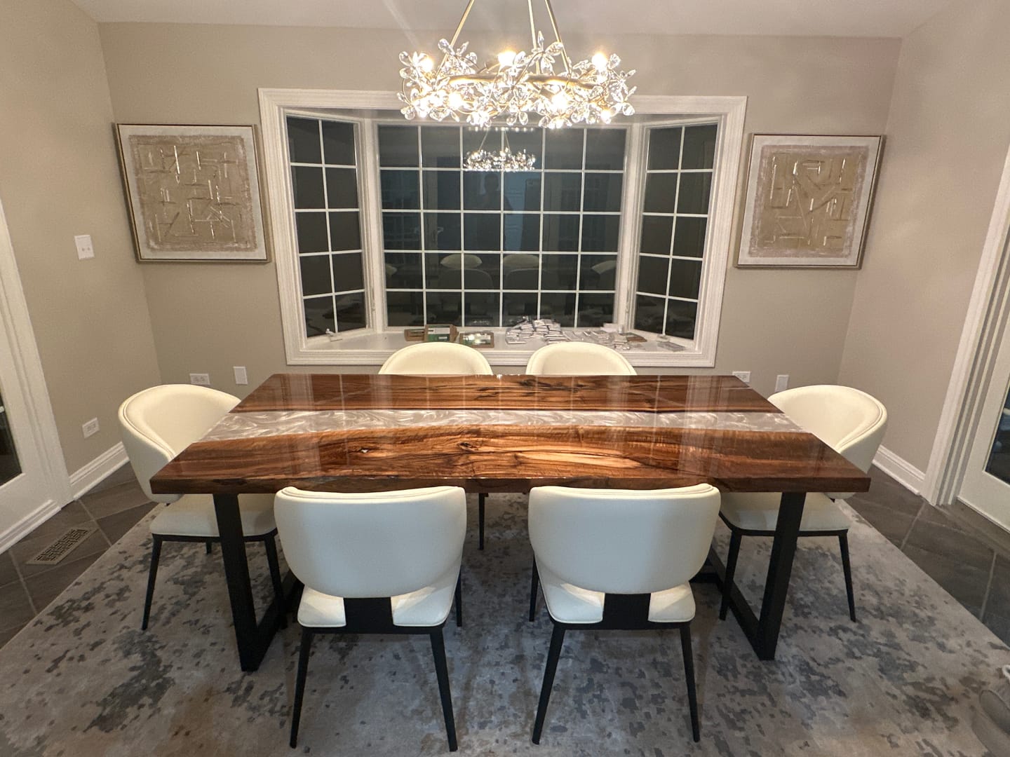 Customer photo review of Artisanal Black Walnut Wood Pearlwhite Shimmer Epoxy Table KCT62 - for Upscale Dining Rooms