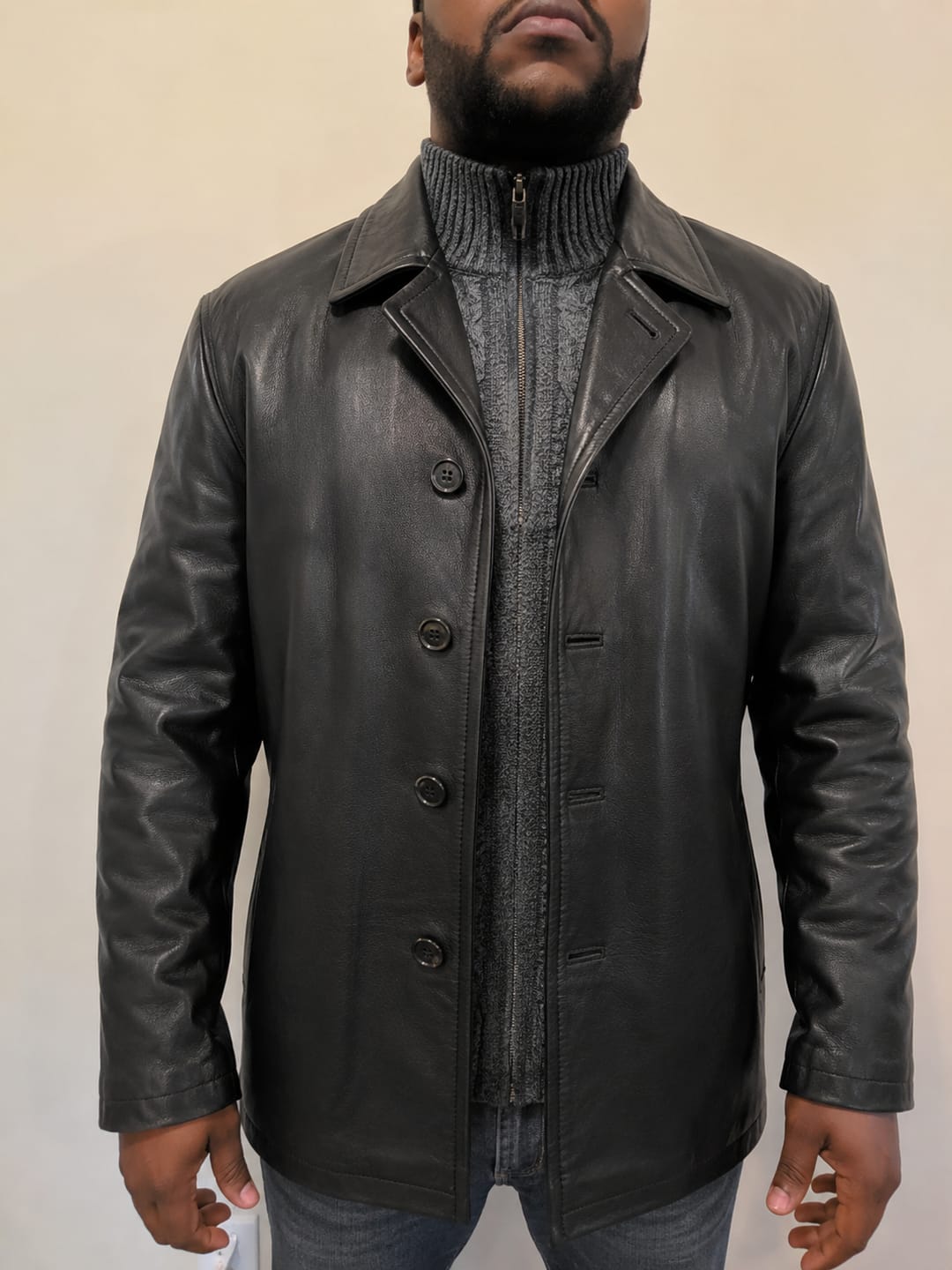 Customer photo review of Platinum Black Leather Coat For Men