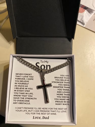 Customer's To My Son gift set, showing a silver cross pendant on a chain inside a gift box with a heartfelt message card.