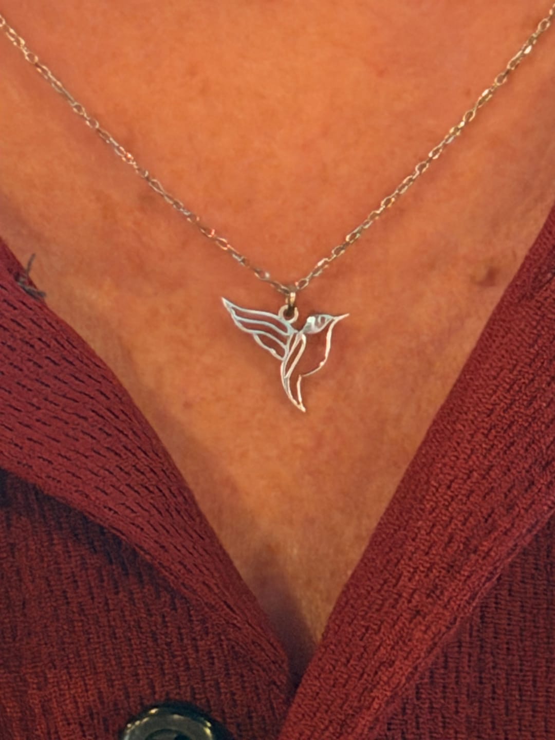 Customer photo review of Hummingbird Necklace – Gold Vermeil on Sterling Silver Dainty Charm