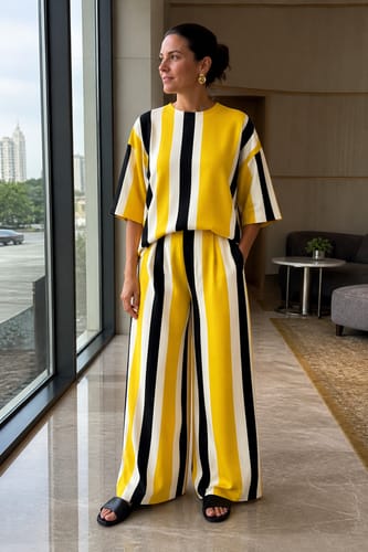 Customer's yellow and black striped blouse and matching loose trousers, featuring a relaxed fit and half sleeves.