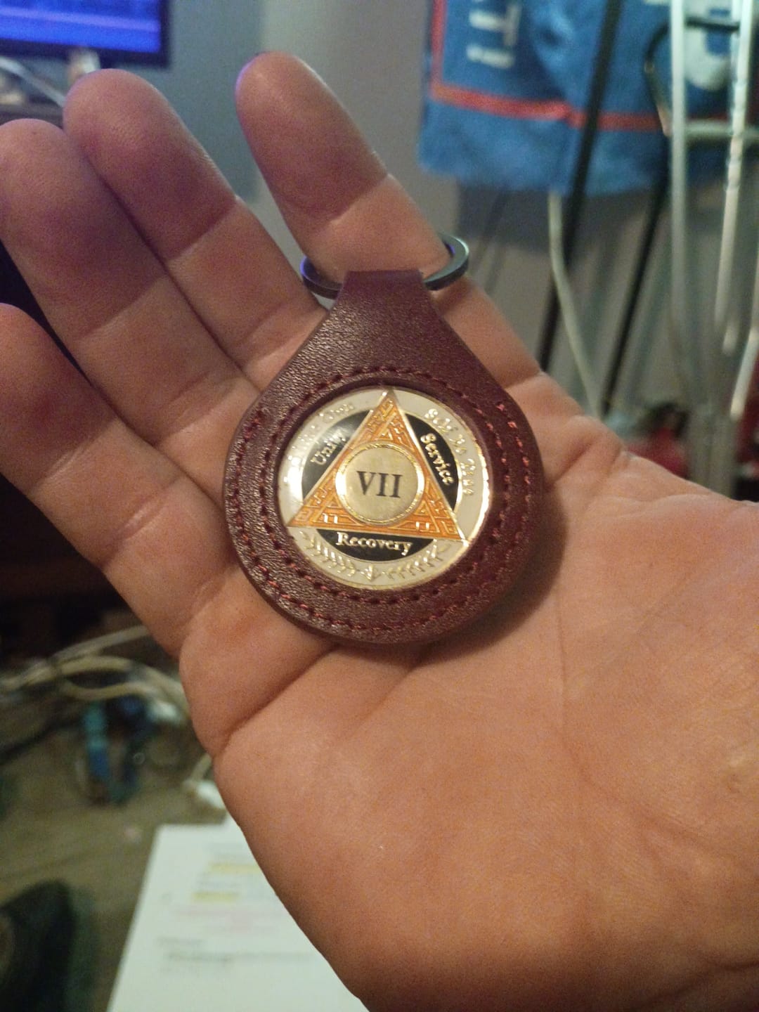 Customer photo review of Sobriety Mint Genuine Leather 34mm AA Medallion Keychain Holder - Recovery Chip/Coin/Token Holder - Dark Red