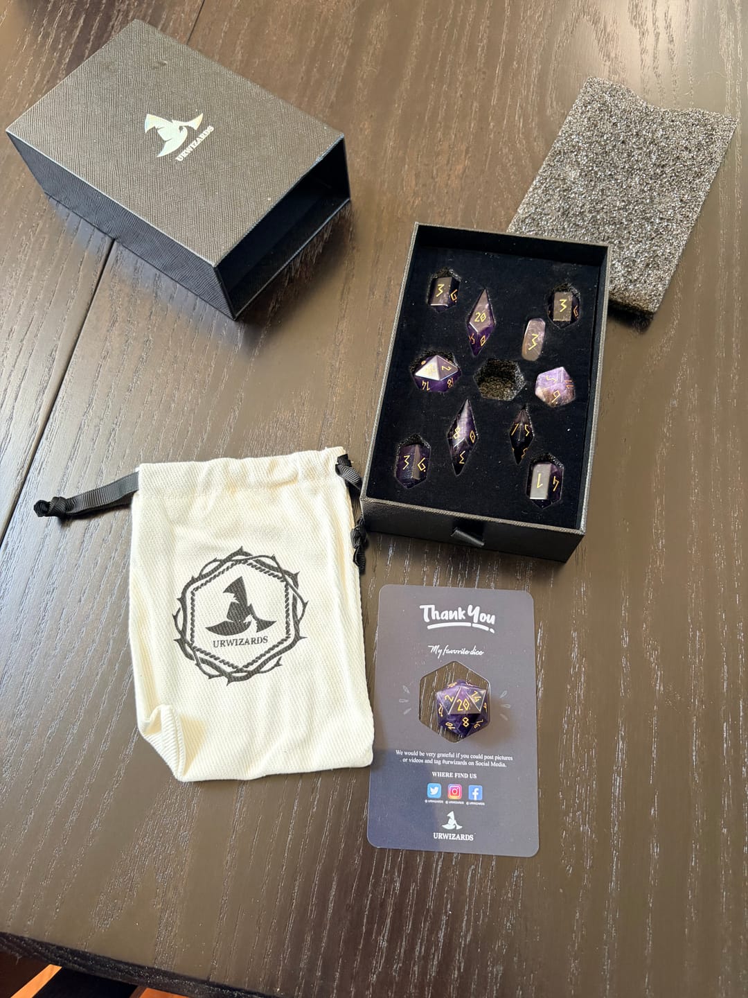 Customer photo review of URWizards D&D Amethyst Gemstone Dice Set Crystal Shape