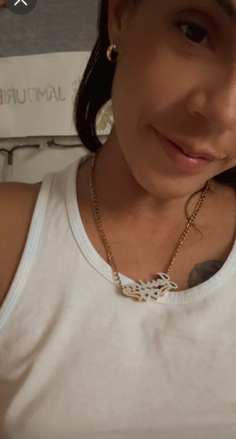 Customer photo review of Double Plated Hearts Name Necklace w/ Figaro Chain