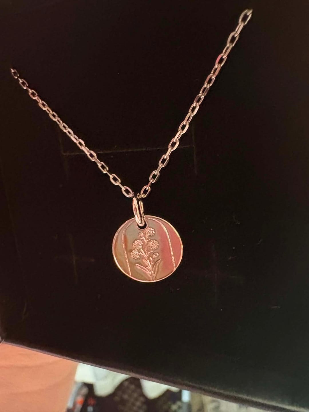 Customer photo review of Floral 18k White Gold Plated Engraved Birth Month Flower Pendant Necklace