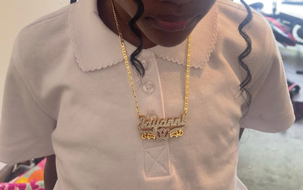 Customer photo review of Kids Double Plated Double Heart Name Necklace w/ Clip Chain