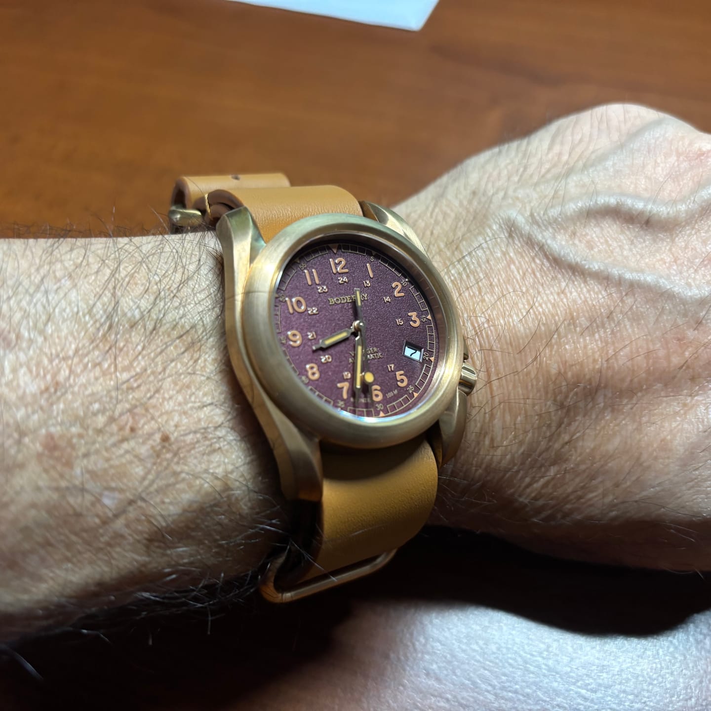 Customer photo review of VOYAGER - 100M Waterproof Bronze Automatic Field Watch | Red