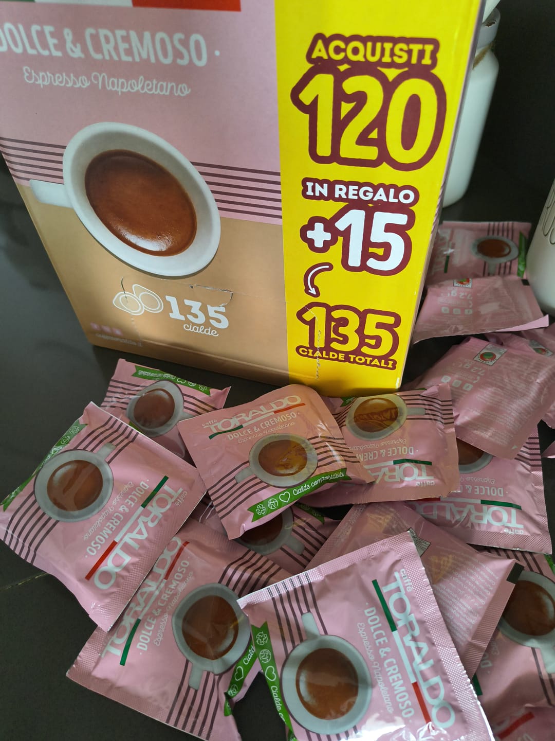Customer photo review of 135 Cialde (120 + 15 in Omaggio) Caffè Toraldo – Dolce & Cremoso – Espresso Napoletano