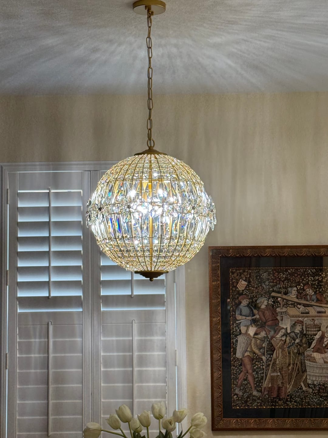 Customer photo review of French Luxury Brass Floral Crystal Globe Chandelier
