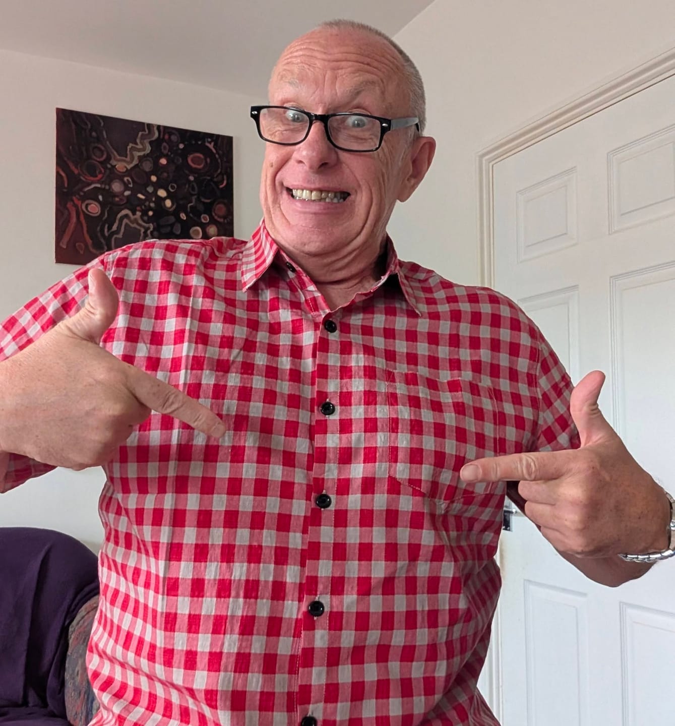Customer photo review of Men's Red Check Print Plaid Pocket Button Up Short Sleeve Shirt